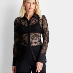 Black Lace Button Up Blouse, size XS